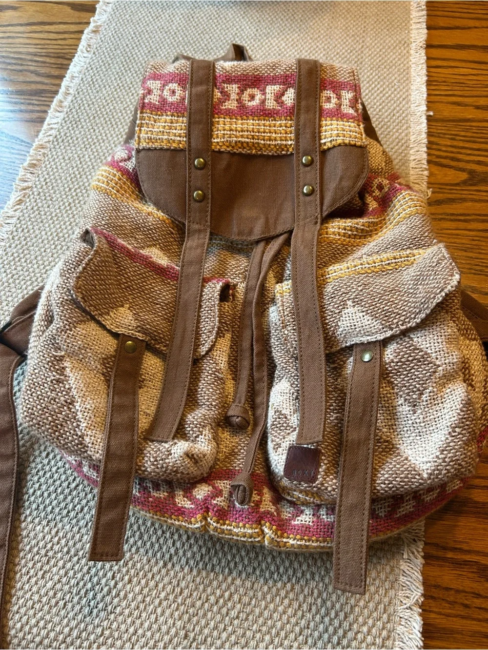 ROXY Bohemian Woven Canvas Drawstring Backpack in Brown and Cream